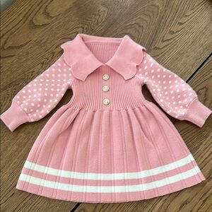 Pink A-Line Sweater Dress with Bishop Sleeves and Peter Pan Collar
